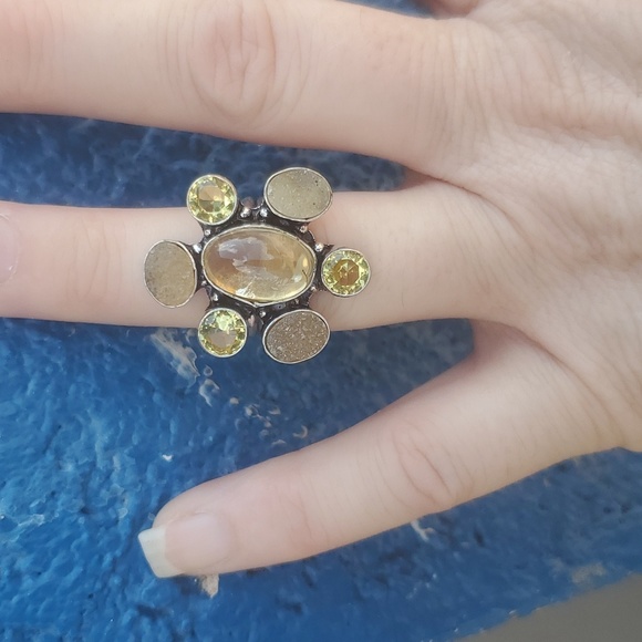 New Golden Rutile, Citrine and Druzy 925 Silver Ring. - Picture 10 of 16